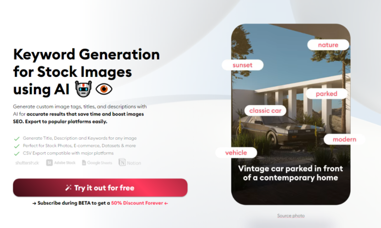 Screenshot of KeywordCamera homepage showcasing AI-powered keyword generation for stock images