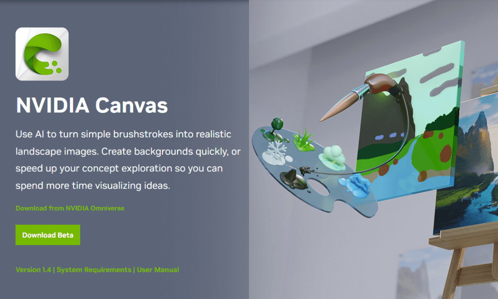 NVIDIA homepage screenshot featuring Canvas AI tool